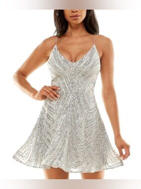 B Darlin Women's Silver Sequined V-Neck A-Line Spaghetti-Strap Party Dress 7/8